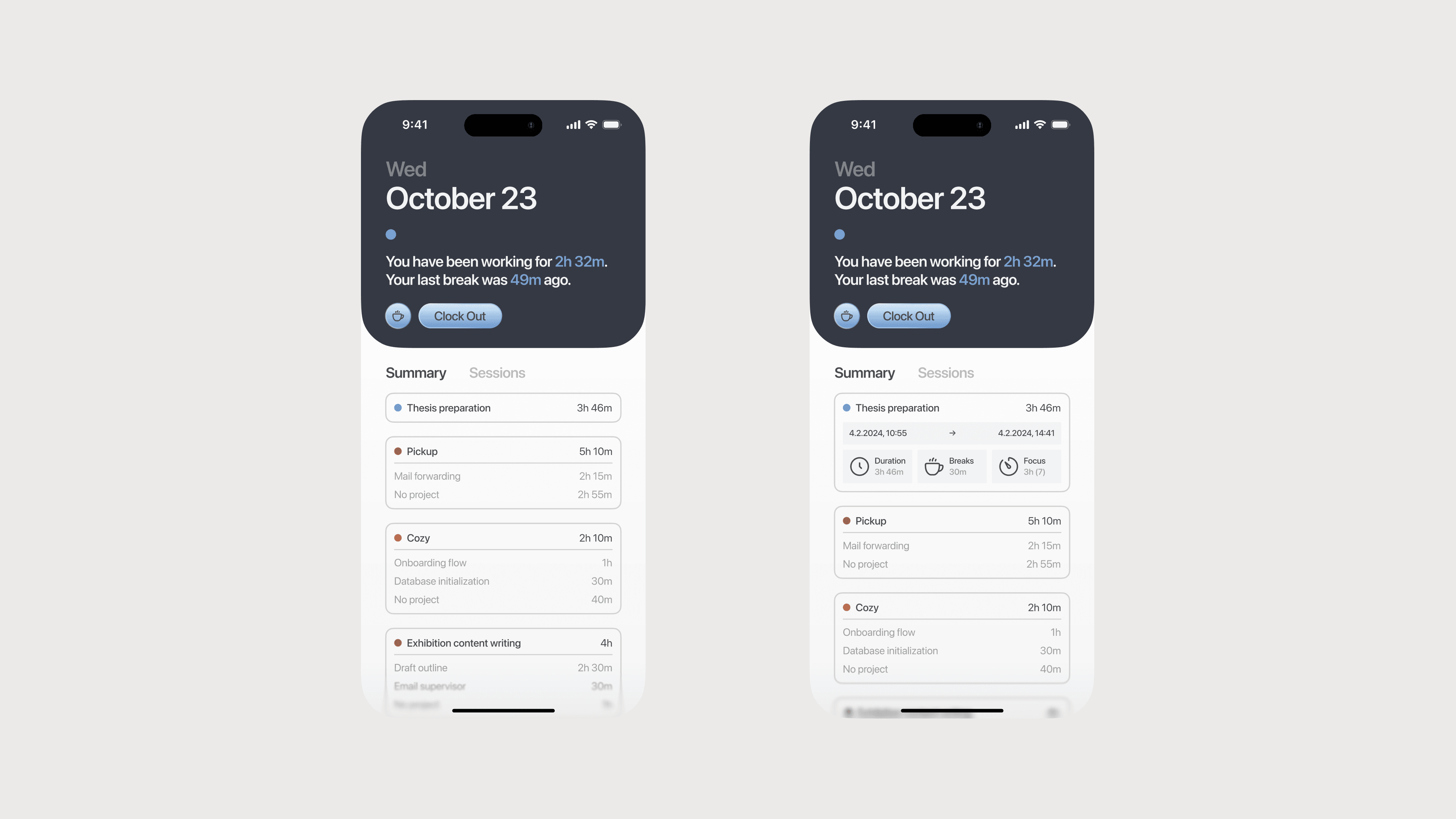 mobile screens for a potential iOS concept of balance, a time tracking app